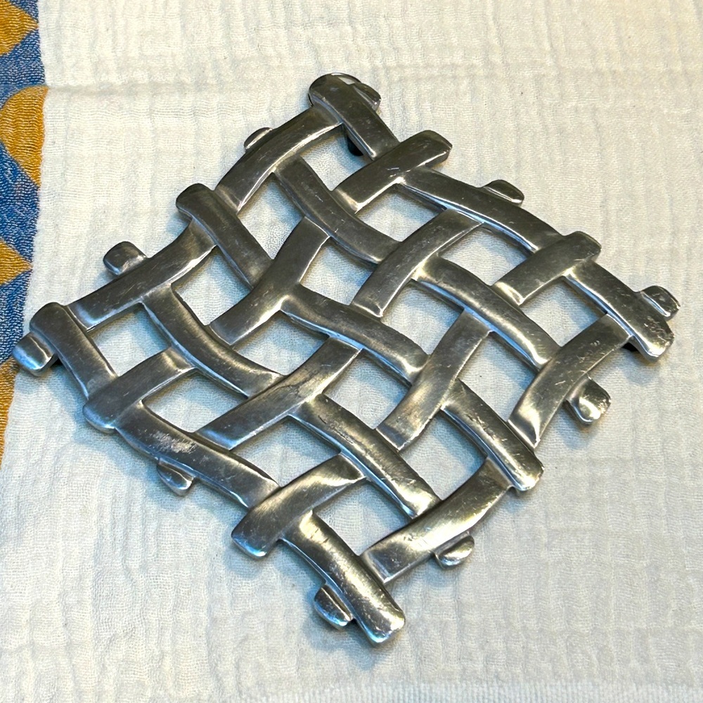 1980s Vintage Stainless Steel Silver Woven Metal Trivet Easy Hang Small Space